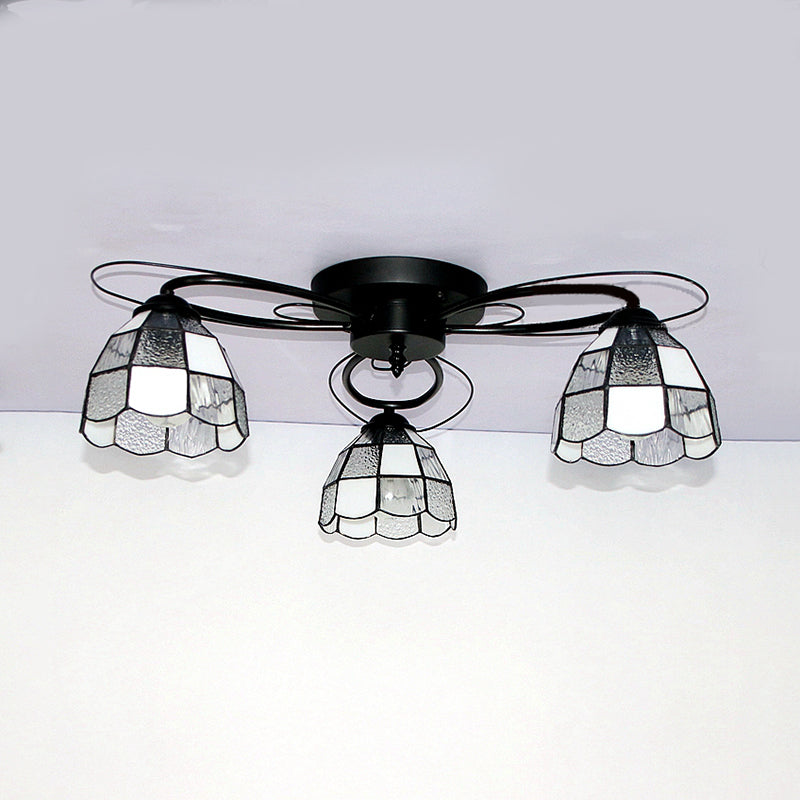 Victorian Stained Glass Ceiling Fixture - Dome Shape, Black Flush Mount with 3 Lights