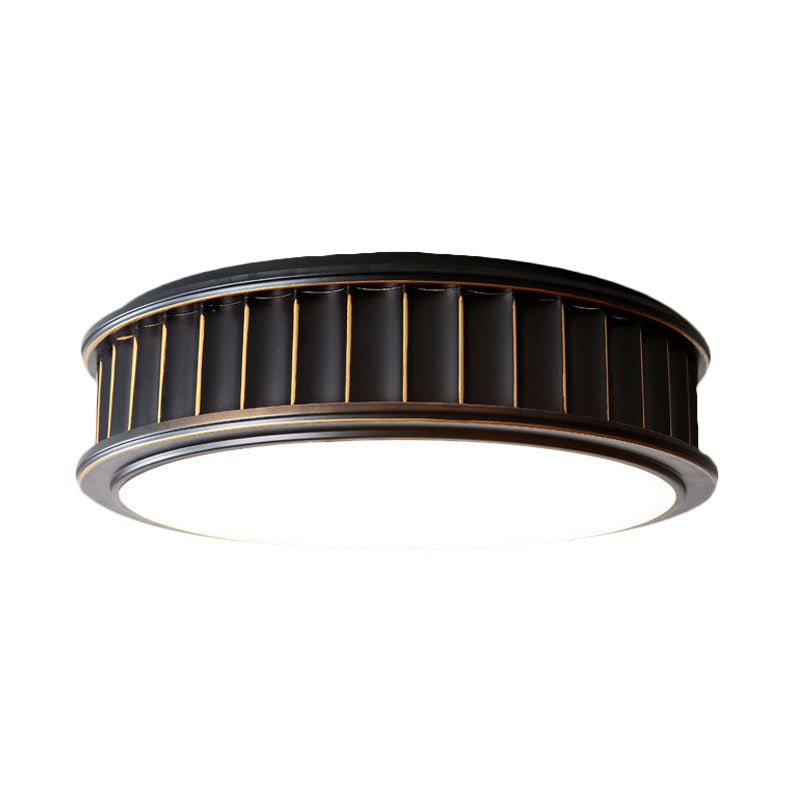 Black Ribbed Round Flush Lamp - Minimalist Iron Surface Mounted LED Ceiling Light with Warm Light