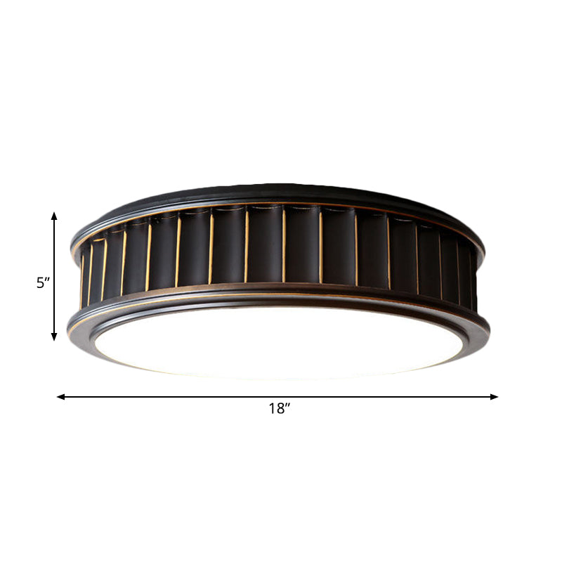 Black Ribbed Round Flush Lamp - Minimalist Iron Surface Mounted LED Ceiling Light with Warm Light