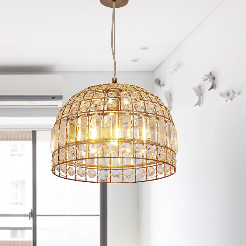 Traditional Dome Crystal Ceiling Pendant Light with Brass Frame - Sizes 9"/14"/18