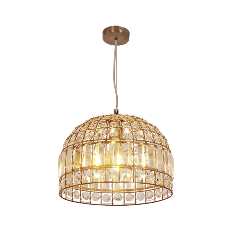 Traditional Dome Crystal Ceiling Pendant Light with Brass Frame - Sizes 9"/14"/18