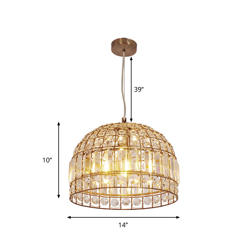 Traditional Dome Crystal Ceiling Pendant Light with Brass Frame - Sizes 9"/14"/18