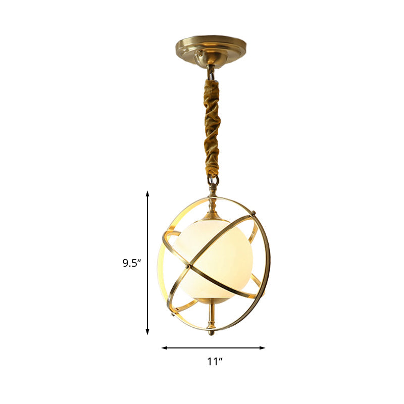 Postmodern Brass Orbit Pendant Light with White Glass Shade