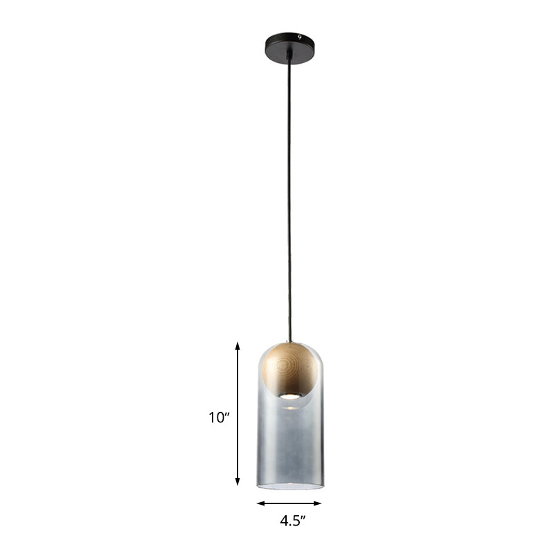 Luminaire suspendu cylindrique en verre gris fumé moderne avec abat-jour en bois - Idéal pour la salle à manger