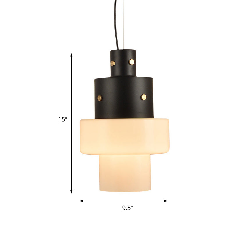 Rustic Glass Cylinder Pendant Light - White with Black Head, Ideal for Living Room Ceiling