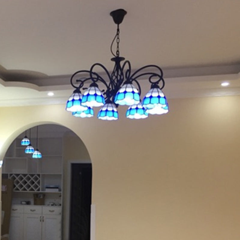 Vintage Stained Glass Chandelier Handcrafted Floral Hanging Light For Hall