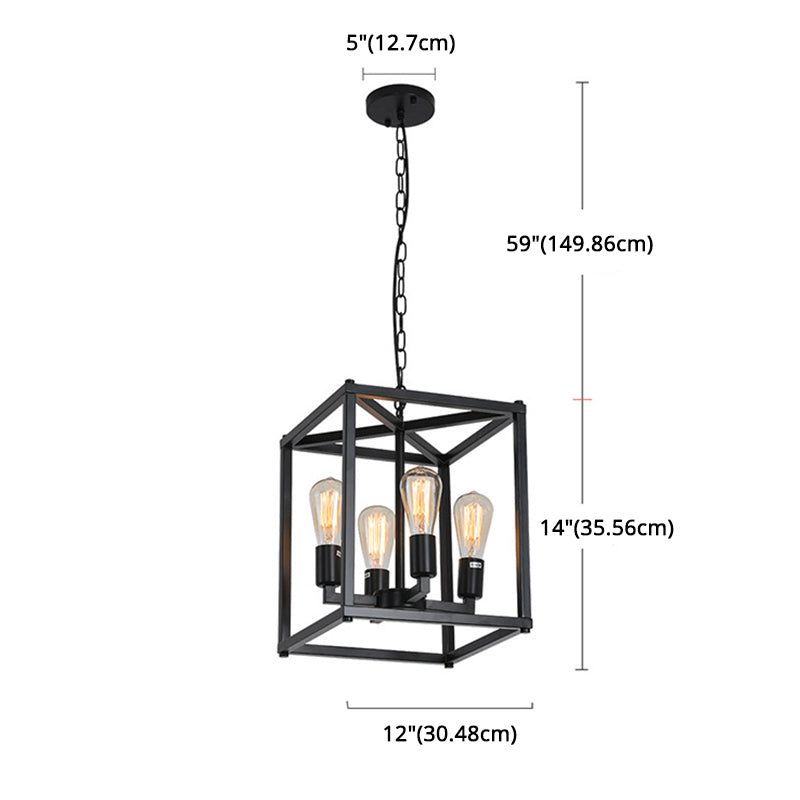 Black Industrial Retro Metal Diner Pendant Chandelier - Square Cage Hanging Lamp