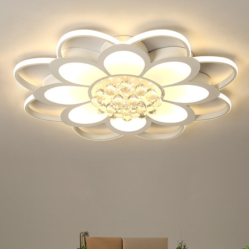 Warm/White/3 Color LED Crystal Flush Light - Simple White Floral Living Room Flush Mount Lamp - Multiple Sizes Available