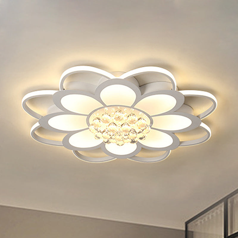 Warm/White/3 Color LED Crystal Flush Light - Simple White Floral Living Room Flush Mount Lamp - Multiple Sizes Available