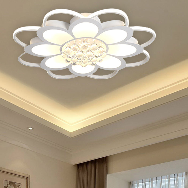 Warm/White/3 Color LED Crystal Flush Light - Simple White Floral Living Room Flush Mount Lamp - Multiple Sizes Available