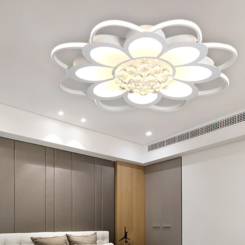 Warm/White/3 Color LED Crystal Flush Light - Simple White Floral Living Room Flush Mount Lamp - Multiple Sizes Available