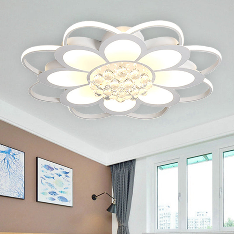 Warm/White/3 Color LED Crystal Flush Light - Simple White Floral Living Room Flush Mount Lamp - Multiple Sizes Available