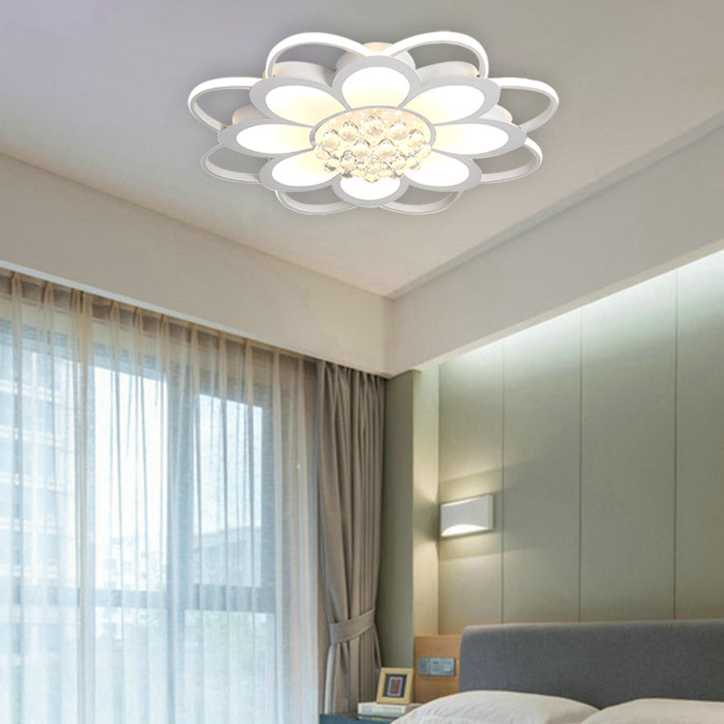 Warm/White/3 Color LED Crystal Flush Light - Simple White Floral Living Room Flush Mount Lamp - Multiple Sizes Available