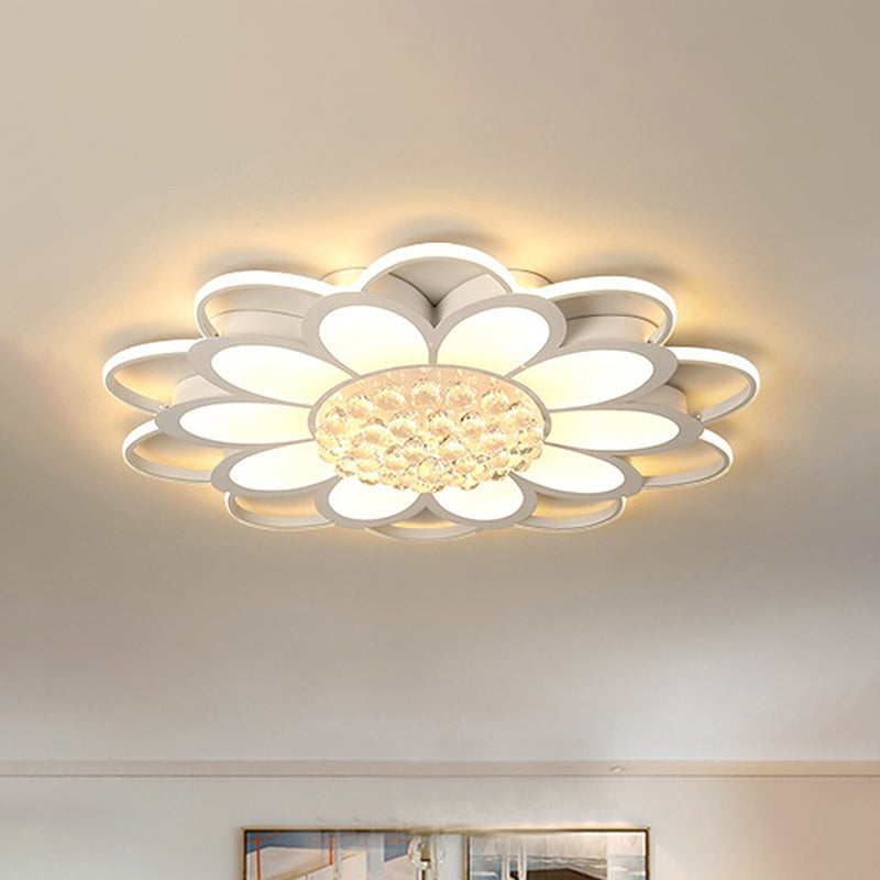 Warm/White/3 Color LED Crystal Flush Light - Simple White Floral Living Room Flush Mount Lamp - Multiple Sizes Available