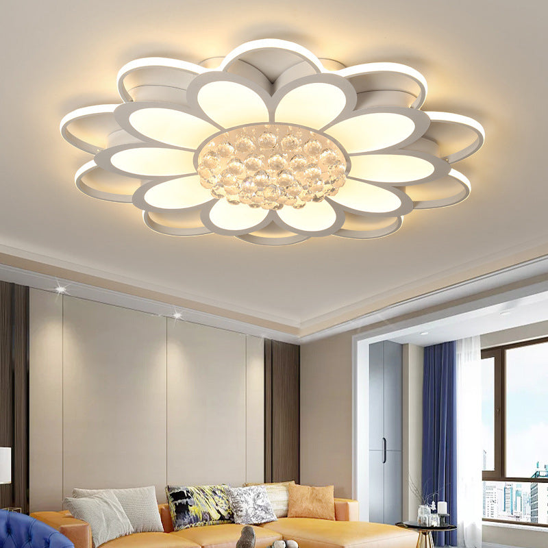Warm/White/3 Color LED Crystal Flush Light - Simple White Floral Living Room Flush Mount Lamp - Multiple Sizes Available