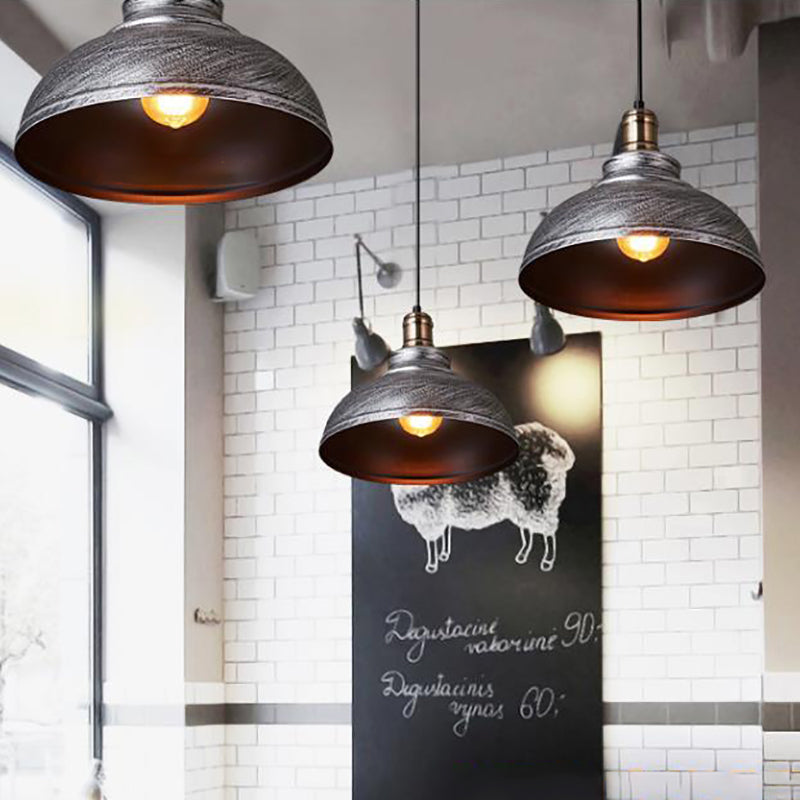 Plafonnier suspendu métallique de style industriel - 12"/14"/16" de diamètre, 1 lampe, abat-jour en forme de bol, intérieur noir/blanc