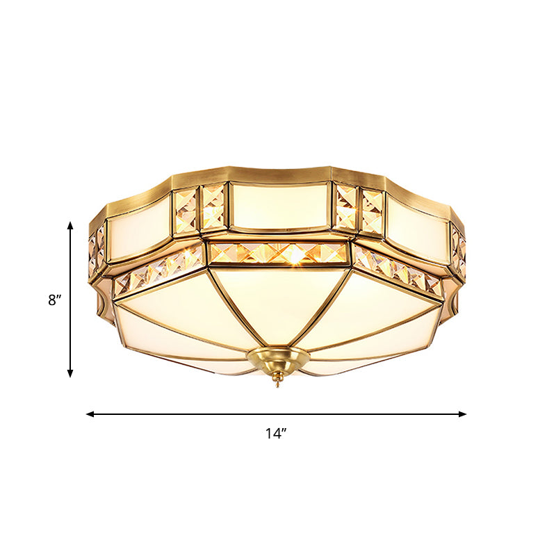 Traditional Yurt Flush Mount Lamp with Crystal Accent - 3/4/6 Lights and White Glass Ceiling