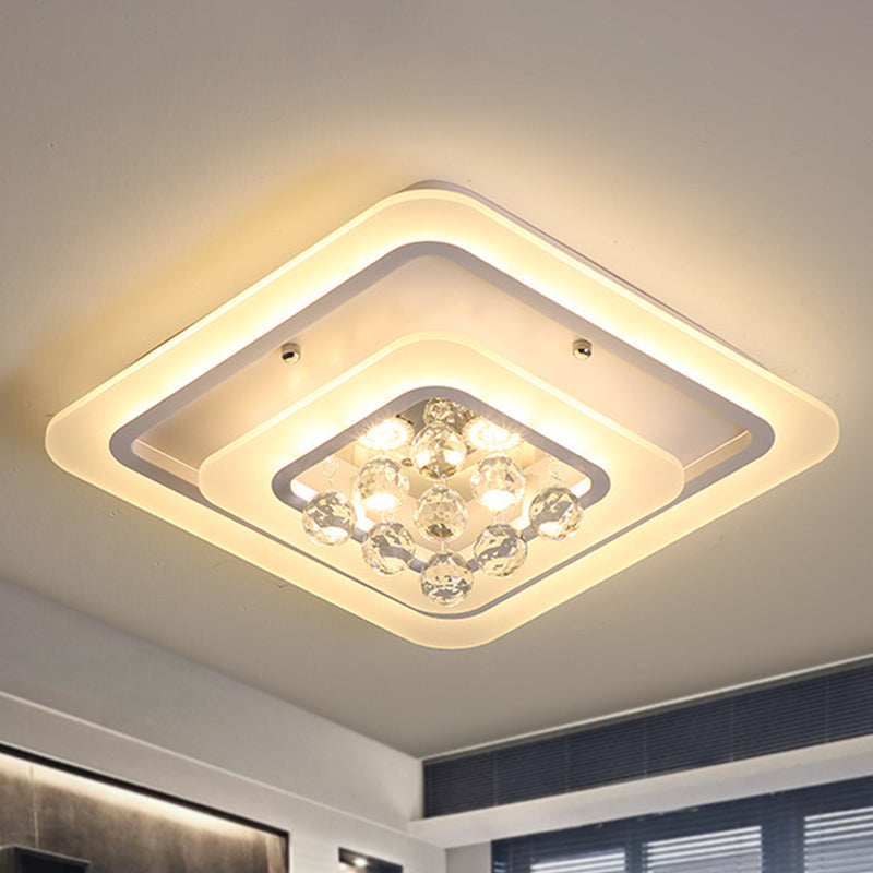 Square Crystal LED Flush Ceiling Light - 19.5"/23.5"/27.5" Sizes - Modern White Design - Warm/White Light Available