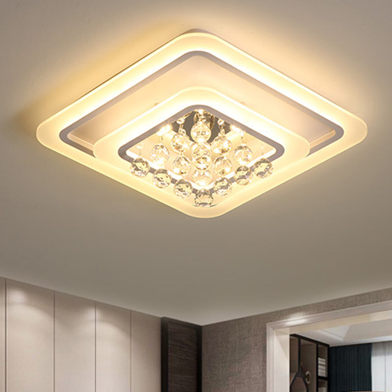 Square Crystal LED Flush Ceiling Light - 19.5"/23.5"/27.5" Sizes - Modern White Design - Warm/White Light Available