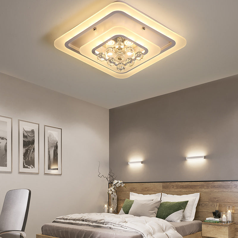 Square Crystal LED Flush Ceiling Light - 19.5"/23.5"/27.5" Sizes - Modern White Design - Warm/White Light Available