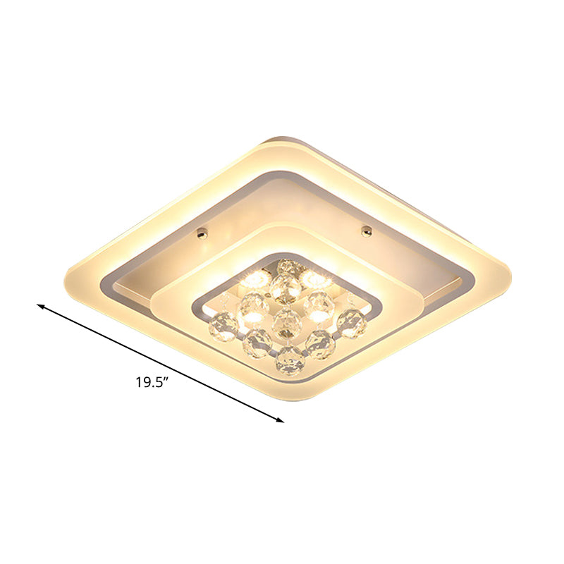 Square Crystal LED Flush Ceiling Light - 19.5"/23.5"/27.5" Sizes - Modern White Design - Warm/White Light Available