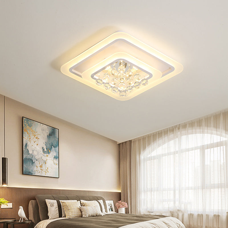 Square Crystal LED Flush Ceiling Light - 19.5"/23.5"/27.5" Sizes - Modern White Design - Warm/White Light Available