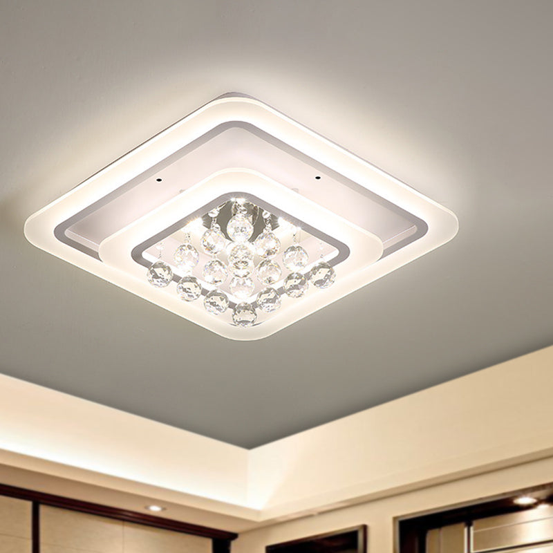 Square Crystal LED Flush Ceiling Light - 19.5"/23.5"/27.5" Sizes - Modern White Design - Warm/White Light Available