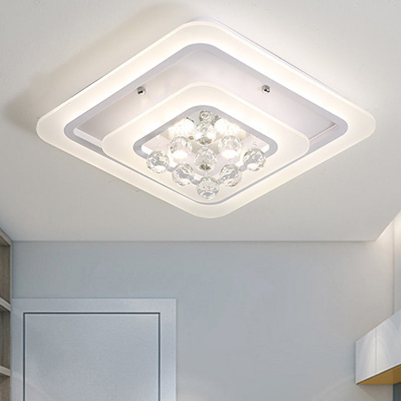 Square Crystal LED Flush Ceiling Light - 19.5"/23.5"/27.5" Sizes - Modern White Design - Warm/White Light Available