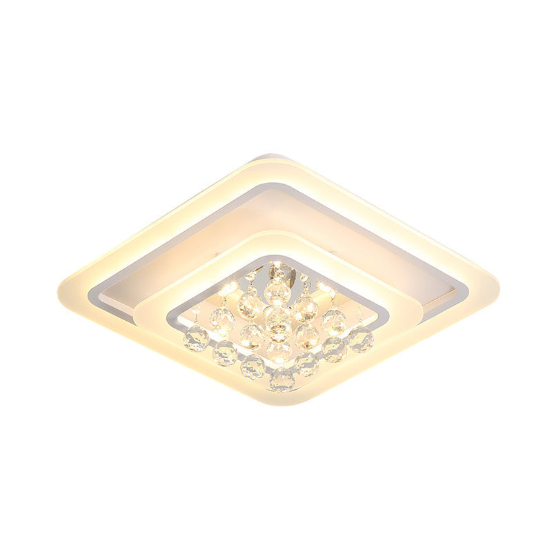 Square Crystal LED Flush Ceiling Light - 19.5"/23.5"/27.5" Sizes - Modern White Design - Warm/White Light Available