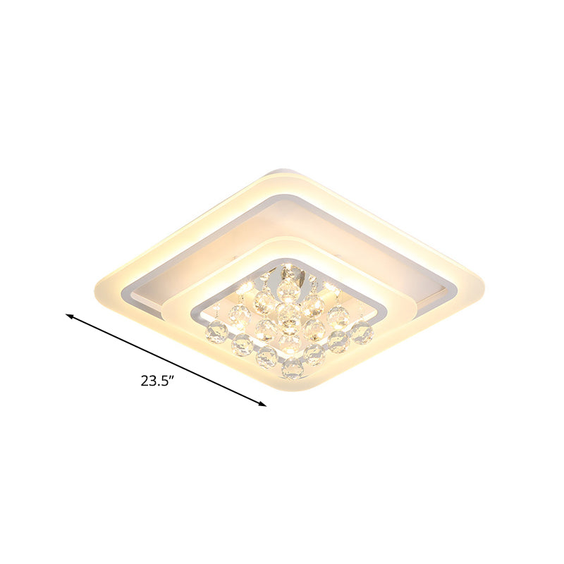 Square Crystal LED Flush Ceiling Light - 19.5"/23.5"/27.5" Sizes - Modern White Design - Warm/White Light Available