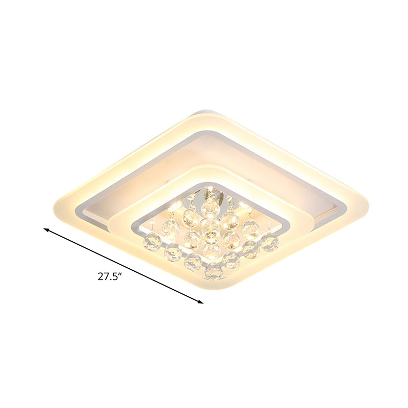 Square Crystal LED Flush Ceiling Light - 19.5"/23.5"/27.5" Sizes - Modern White Design - Warm/White Light Available
