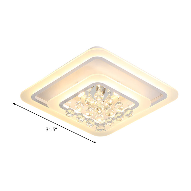 Square Crystal LED Flush Ceiling Light - 19.5"/23.5"/27.5" Sizes - Modern White Design - Warm/White Light Available