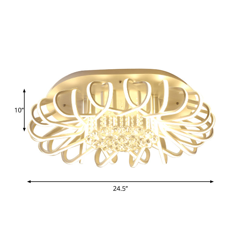 Modern LED White Ceiling Light with Clear Crystal Ball Accent - Oval Acrylic Flush Mount Fixtures, 19.5" & 24.5" Width Options