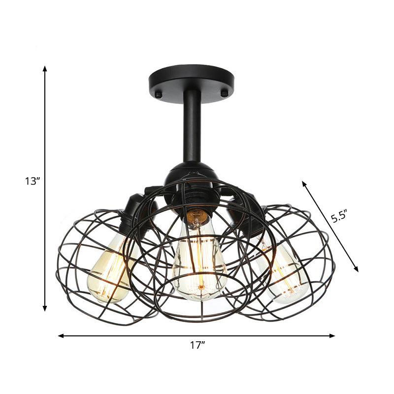 Semi Flush Industrial Black Ceiling Lighting For Living Room - 3 Heads With Wire Cage Metal Shade