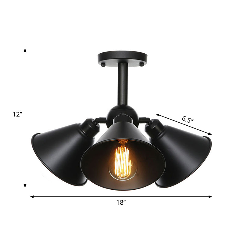 Vintage Indoor Ceiling Light - Black Flush Mount with Metallic Cone/Saucer Shade