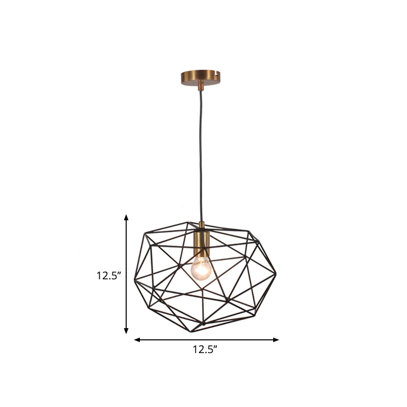 Vintage Style Black Wire Cage Pendant Lamp - 1-Light Metallic Hanging Light Fixture for Dining Room, 12.5"/15" Width