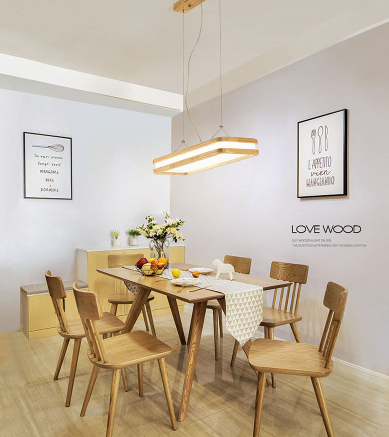 Minimalist Led Wood Rectangular Hanging Island Lamp - Acrylic Ceiling Suspension For Dinners
