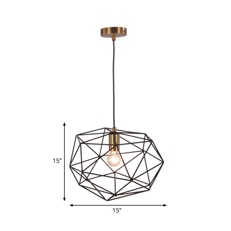 Vintage Style Black Wire Cage Pendant Lamp - 1-Light Metallic Hanging Light Fixture for Dining Room, 12.5"/15" Width