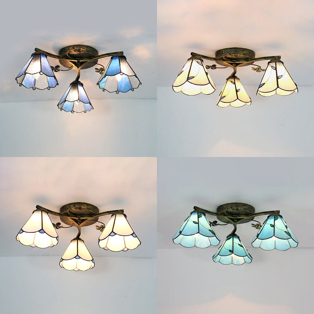 Plafonnier style Tiffany en vitrail avec 3 lampes - Blanc/Transparent/Bleu/Beige
