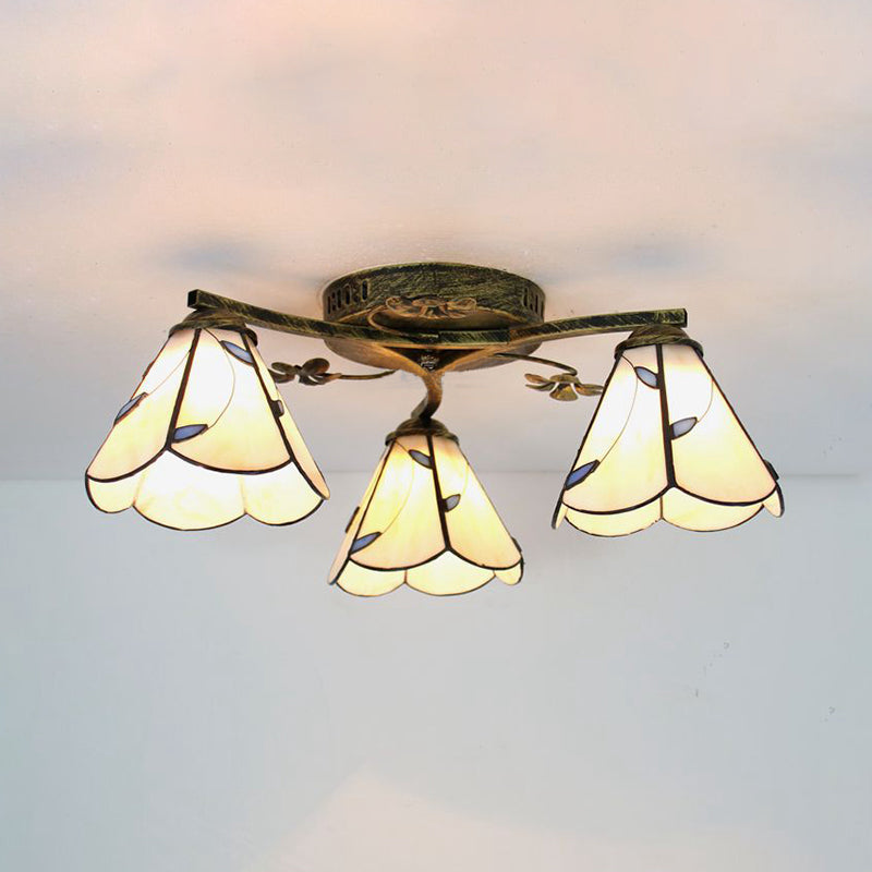 Plafonnier style Tiffany en vitrail avec 3 lampes - Blanc/Transparent/Bleu/Beige