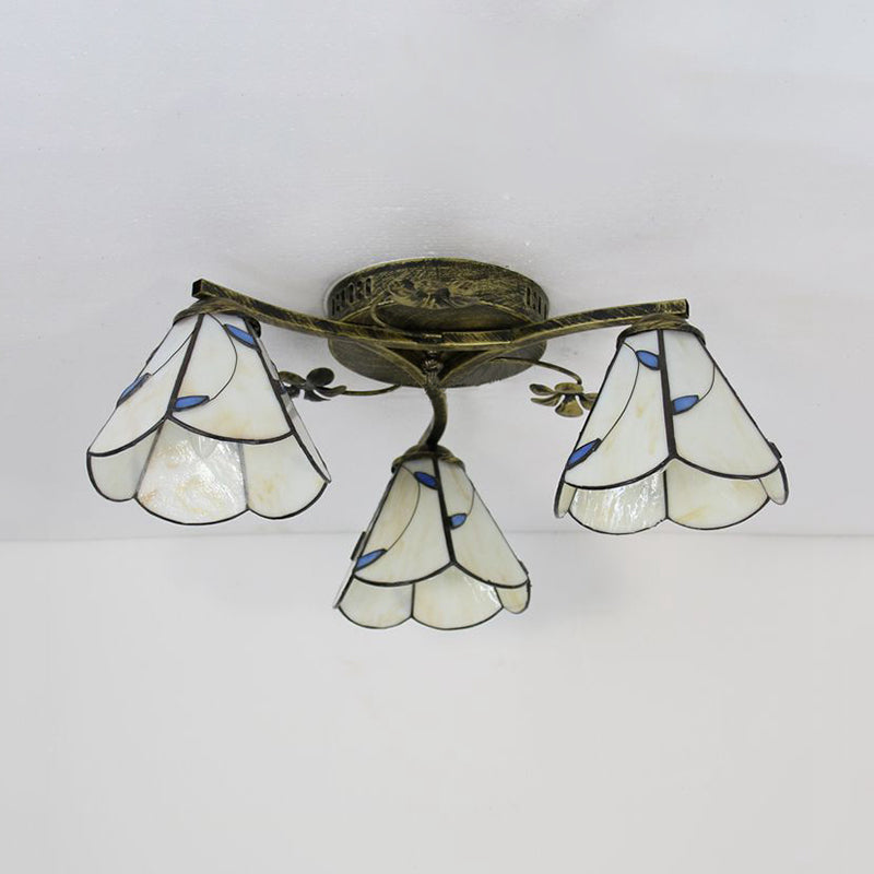 Plafonnier style Tiffany en vitrail avec 3 lampes - Blanc/Transparent/Bleu/Beige