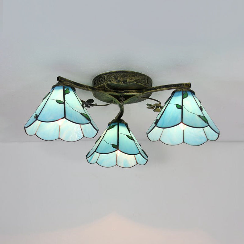 Plafonnier style Tiffany en vitrail avec 3 lampes - Blanc/Transparent/Bleu/Beige