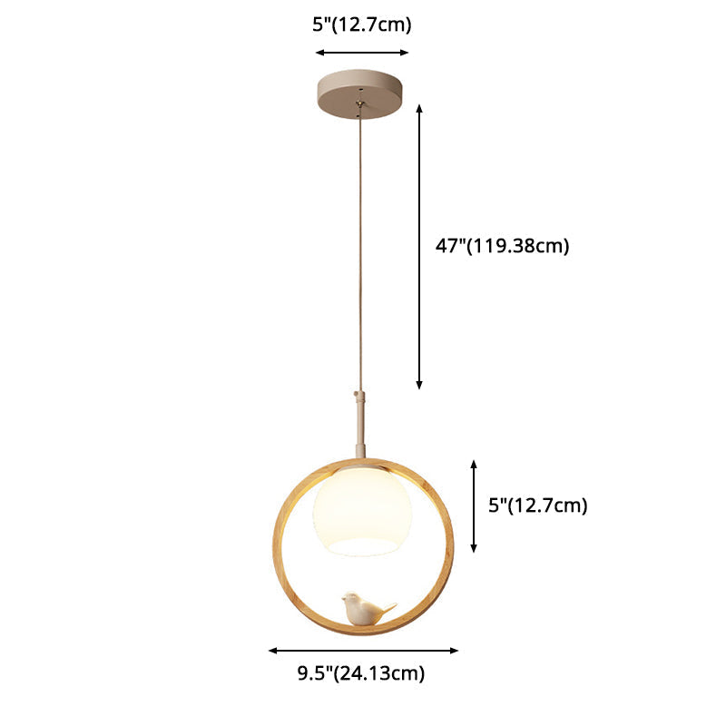 Contemporary Round Natural Wood Pendant Light - Bedroom Hanging Lamp With Bird Accent