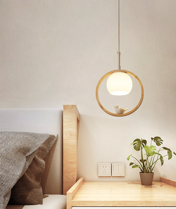 Contemporary Round Natural Wood Pendant Light - Bedroom Hanging Lamp With Bird Accent