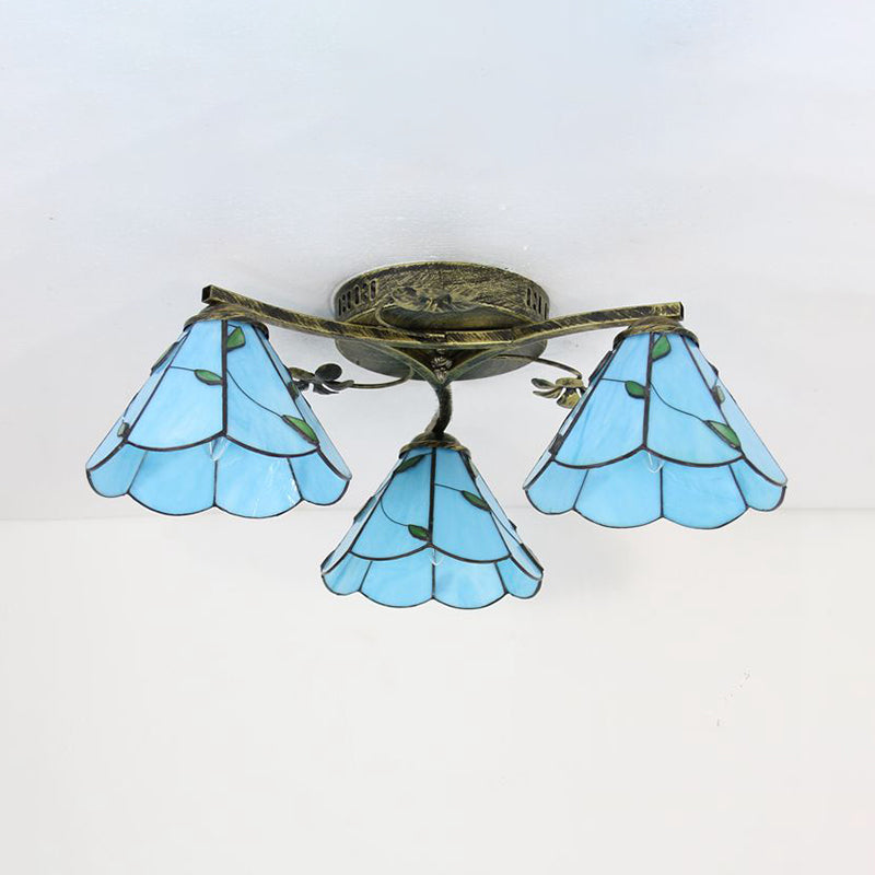 Plafonnier style Tiffany en vitrail avec 3 lampes - Blanc/Transparent/Bleu/Beige