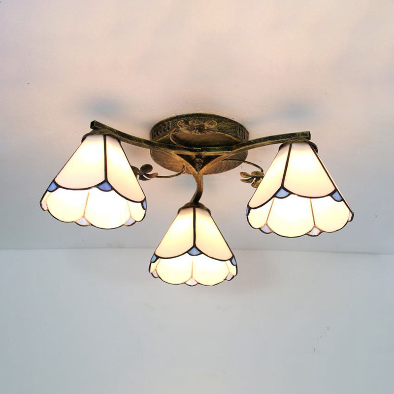 Plafonnier style Tiffany en vitrail avec 3 lampes - Blanc/Transparent/Bleu/Beige