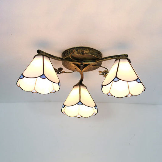 Stained Glass Tiffany Style Flushmount Light with 3 Lights - White/Clear/Blue/Beige