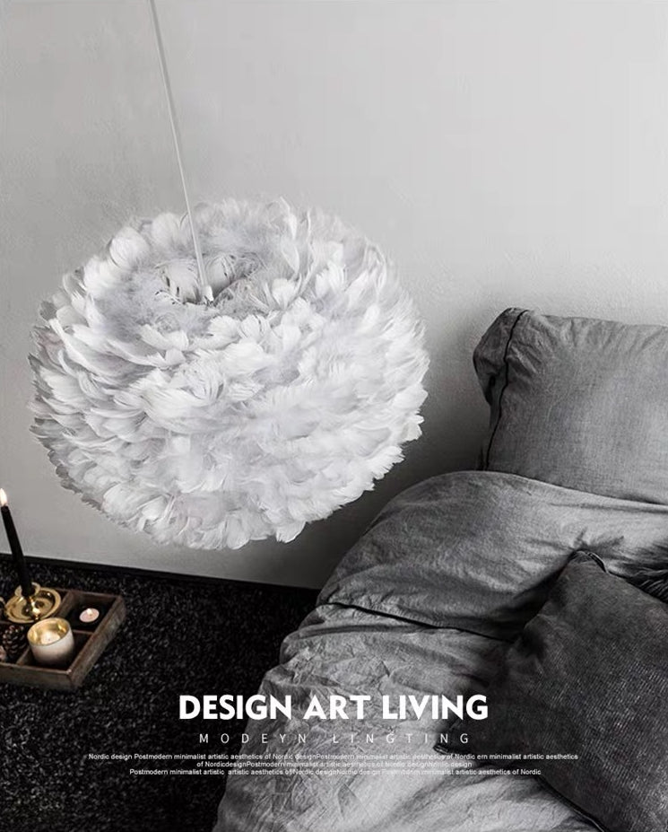 Modern Nordic White Feather Globe Pendant Light For Bedroom Ceiling