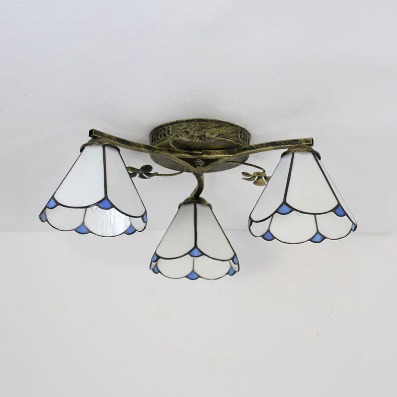 Plafonnier style Tiffany en vitrail avec 3 lampes - Blanc/Transparent/Bleu/Beige