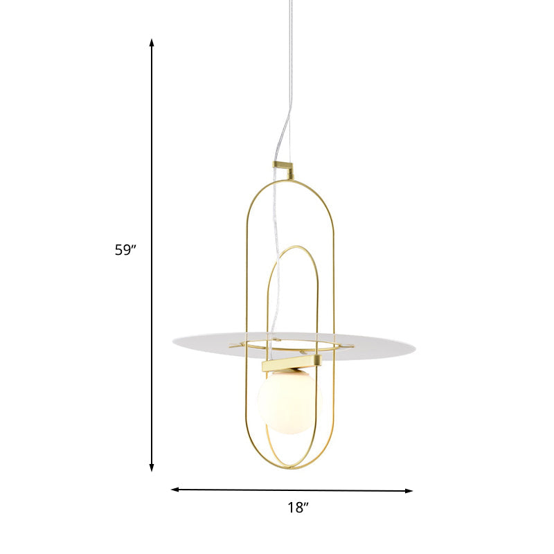 Contemporary Brass Pendant Light Fixture - Oval Frame, 1 Head, Suspended Metal with Glass Shade